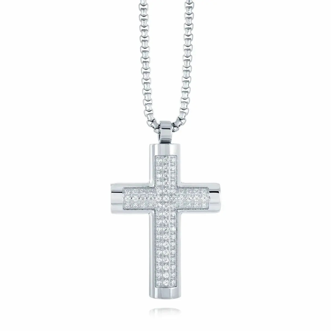 Silver cross pendant necklace with clear stones, Stainless steel cross necklace, stainless steel pendant, stainless steel cross chain