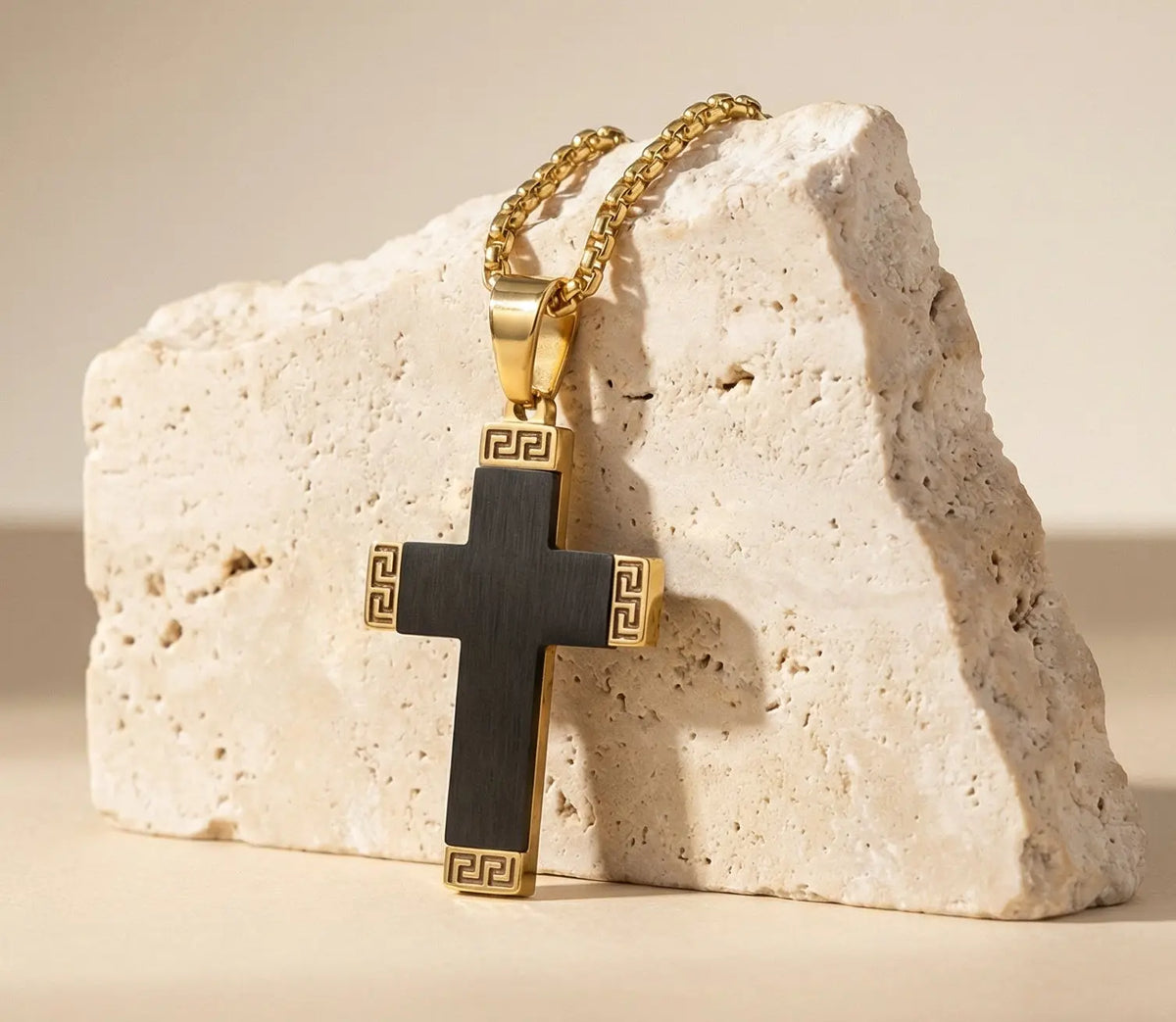 Greek Edge Jesus Cross Necklace | 22” Stainless Steel Christian Pendant Gospel Selections