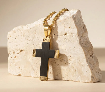 Greek Edge Jesus Cross Necklace | 22” Stainless Steel Christian Pendant Gospel Selections