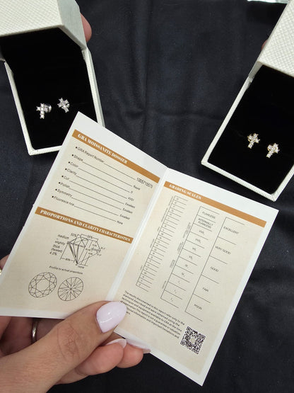 Moissanite Cross Stud Earrings, GRA Certified D VVS1, 14K Gold or Silver