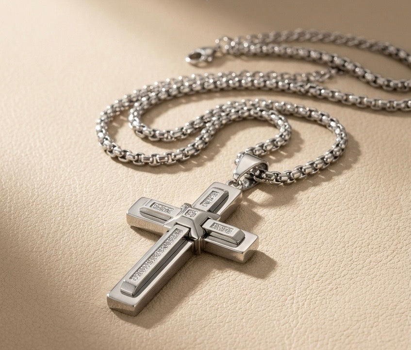 Men’s Stainless Steel White-CZ Domed Centre Cross Necklace – 22" Chain, Christian Jewelry Canada Gospel Selections