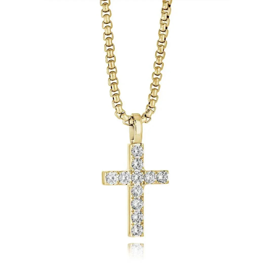 Gold Jesus Cross Necklace with sparkling cubic zirconia stones on a 22-inch stainless steel chain