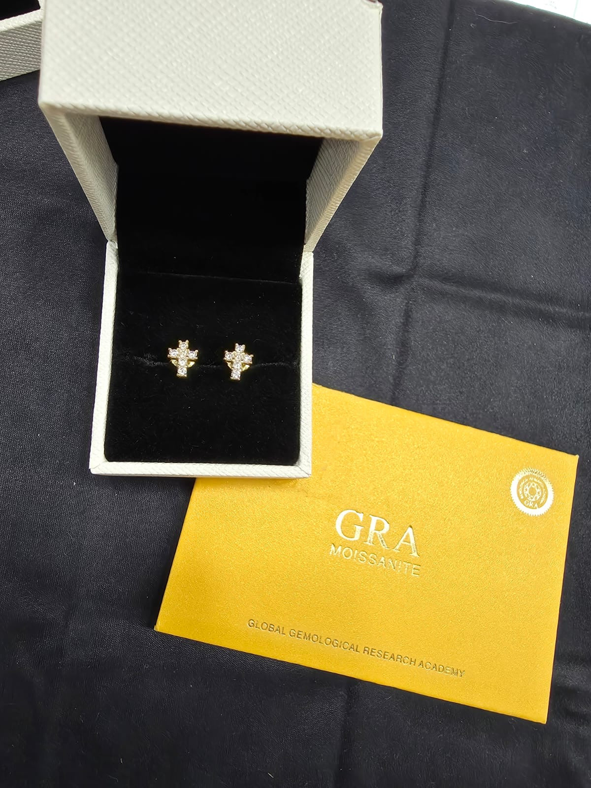 Moissanite Cross Stud Earrings, GRA Certified D VVS1, 14K Gold or Silver