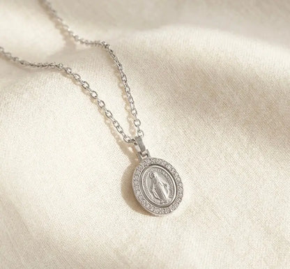 Virgin Mary Oval Full White CZ | 18”  Stainless Steel Gospel Selections