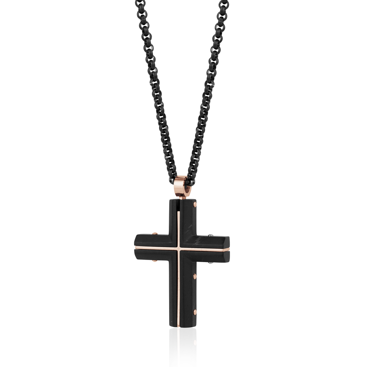 Black cross pendant necklace on a white background, Stainless steel cross necklace, stainless steel pendant, stainless steel cross chain