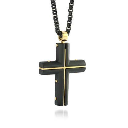 Black and gold cross pendant on a white background, Stainless steel cross necklace, stainless steel pendant, stainless steel cross chain