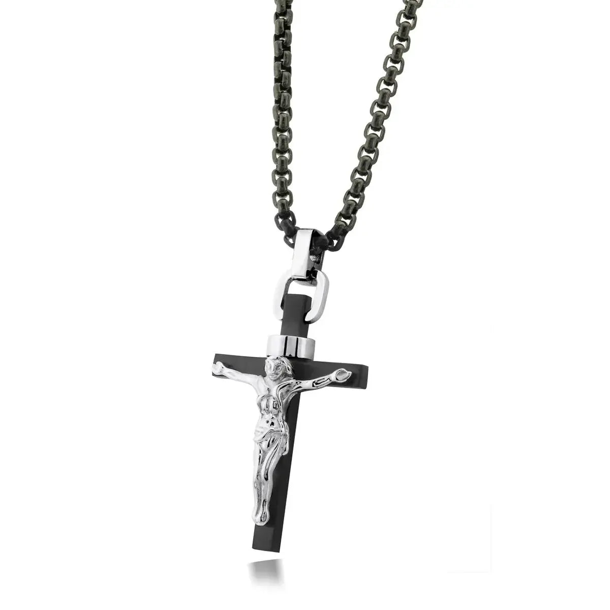 Jesus Crucifix Necklace for Men – Premium Black Stainless Steel Chain With Gold 14K Component Gospel Selections