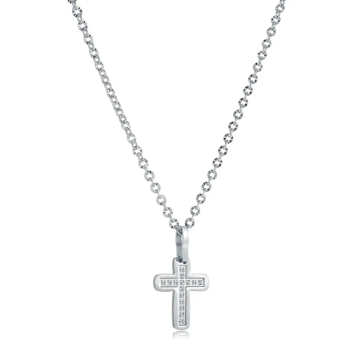 Brushed Cross with CZ Necklace | 18” Premium Stainless Steel Gospel Selections