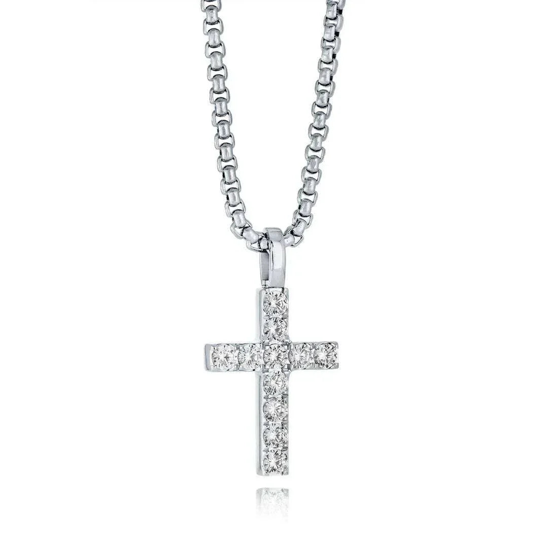Classic Jesus Cross Necklace with sparkling cubic zirconia on stainless steel chain