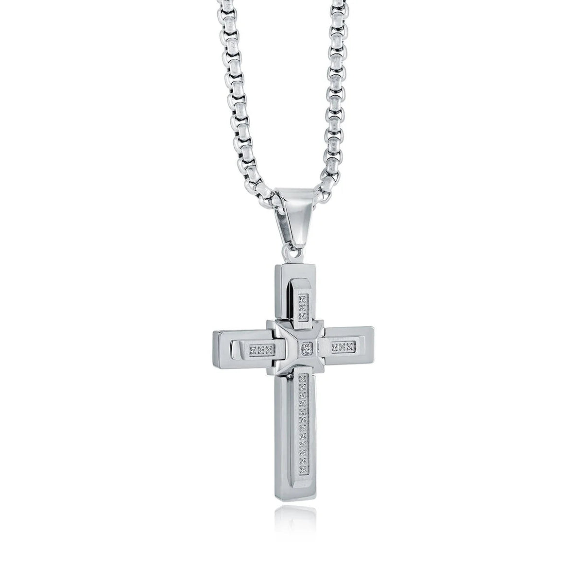 Men’s Stainless Steel White-CZ Domed Centre Cross Necklace – 22" Chain, Christian Jewelry Canada Gospel Selections