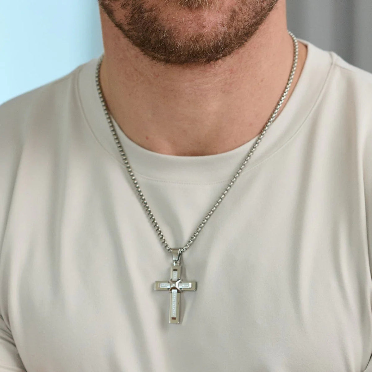 Men’s Stainless Steel White-CZ Domed Centre Cross Necklace – 22" Chain, Christian Jewelry Canada Gospel Selections