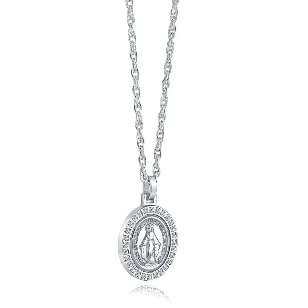 Miraculous Medal Necklace with oval Virgin Mary pendant and CZ crystal halo on stainless steel chain
