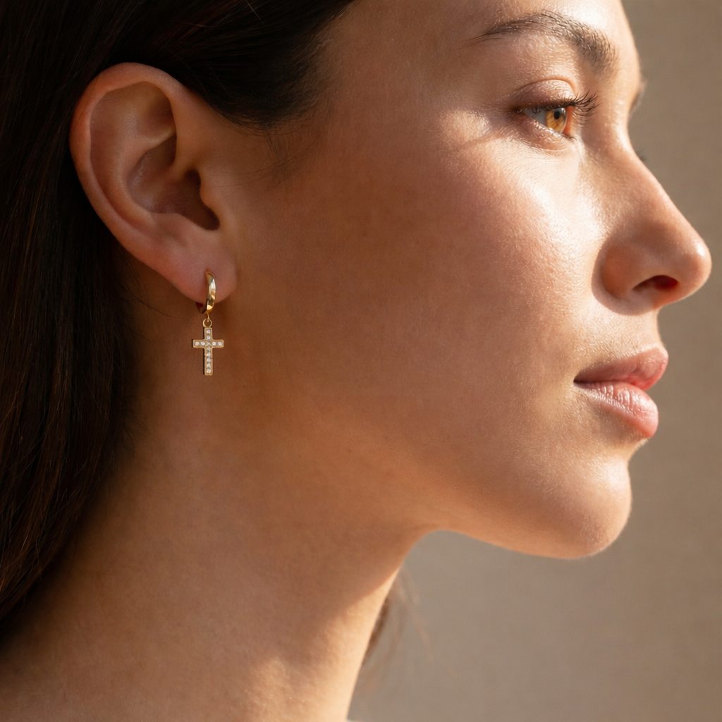 Women wearing cross hoop dangle earrings gold Christian faith jewelry