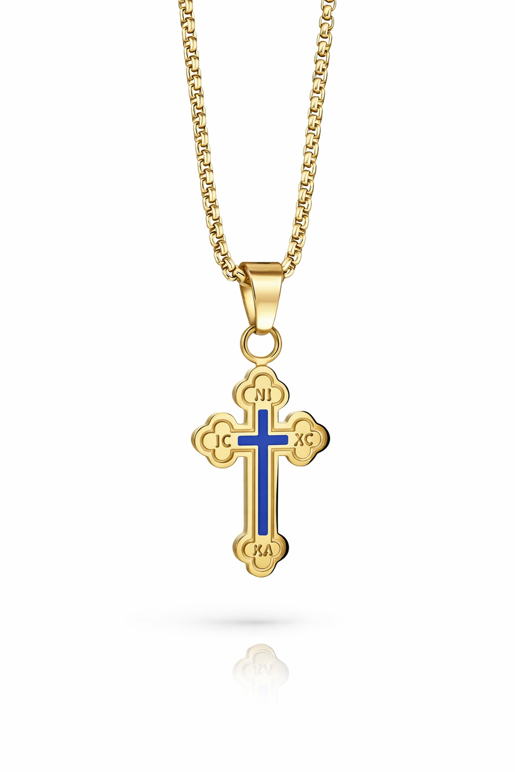 Gold Orthodox cross necklace with blue enamel Christian faith jewelry stainless steel 