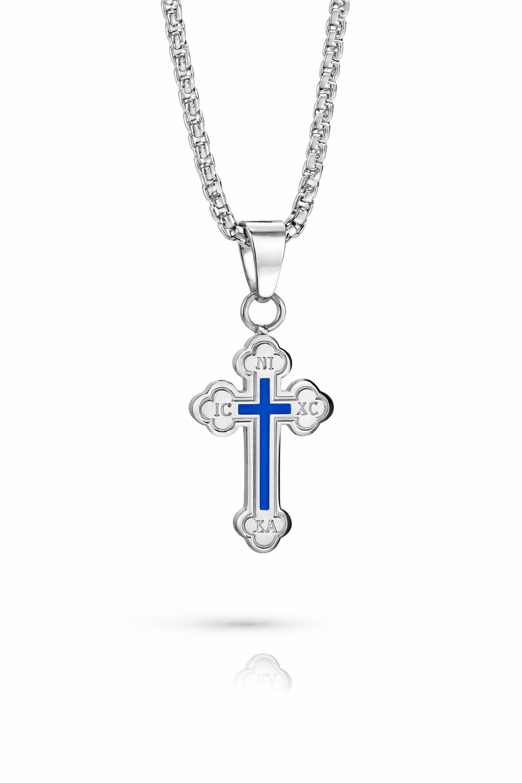 Silver Orthodox cross necklace with blue enamel Christian faith jewelry stainless steel 