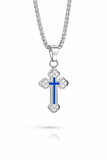 Silver Orthodox cross necklace with blue enamel Christian faith jewelry stainless steel 