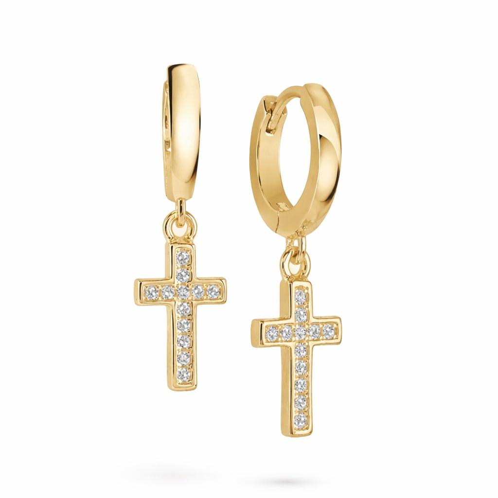 Gold cross hoop dangle earrings with white CZ Christian jewelry