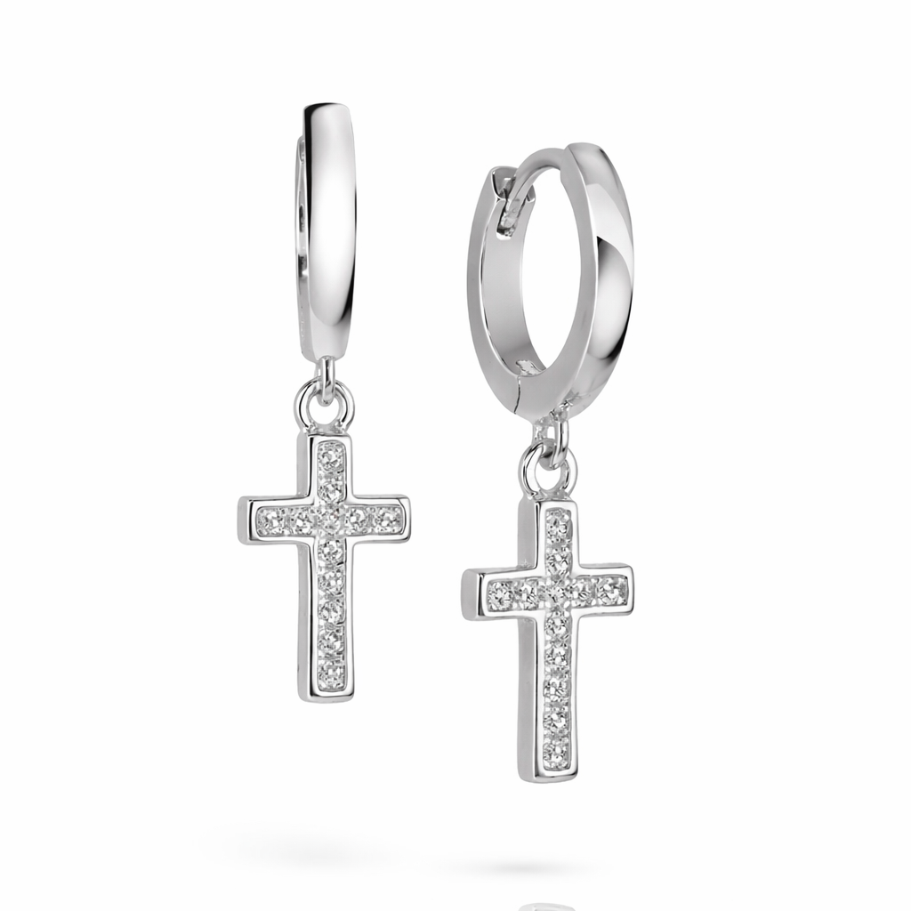 Silver cross hoop dangle earrings with CZ stones Christian jewelry