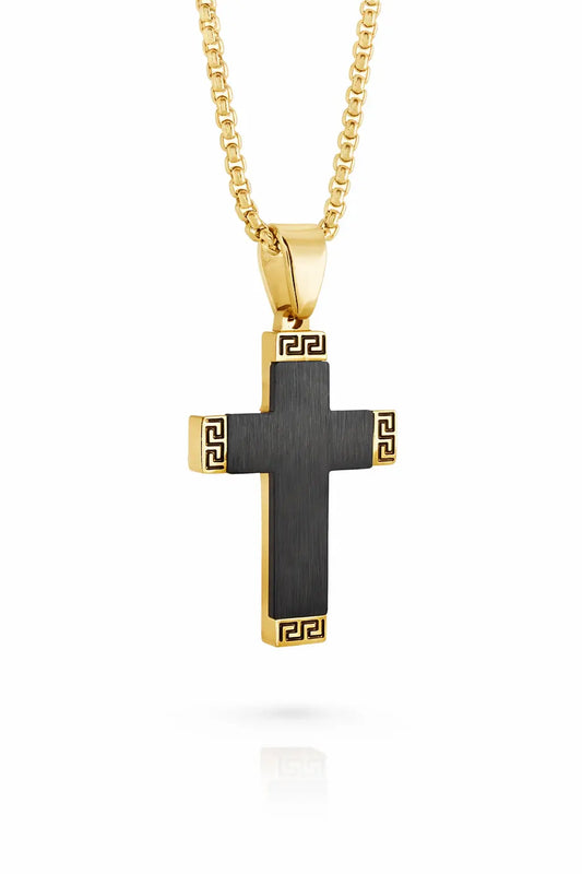 Greek Edge Jesus Cross Necklace | 22” Stainless Steel Christian Pendant Gospel Selections