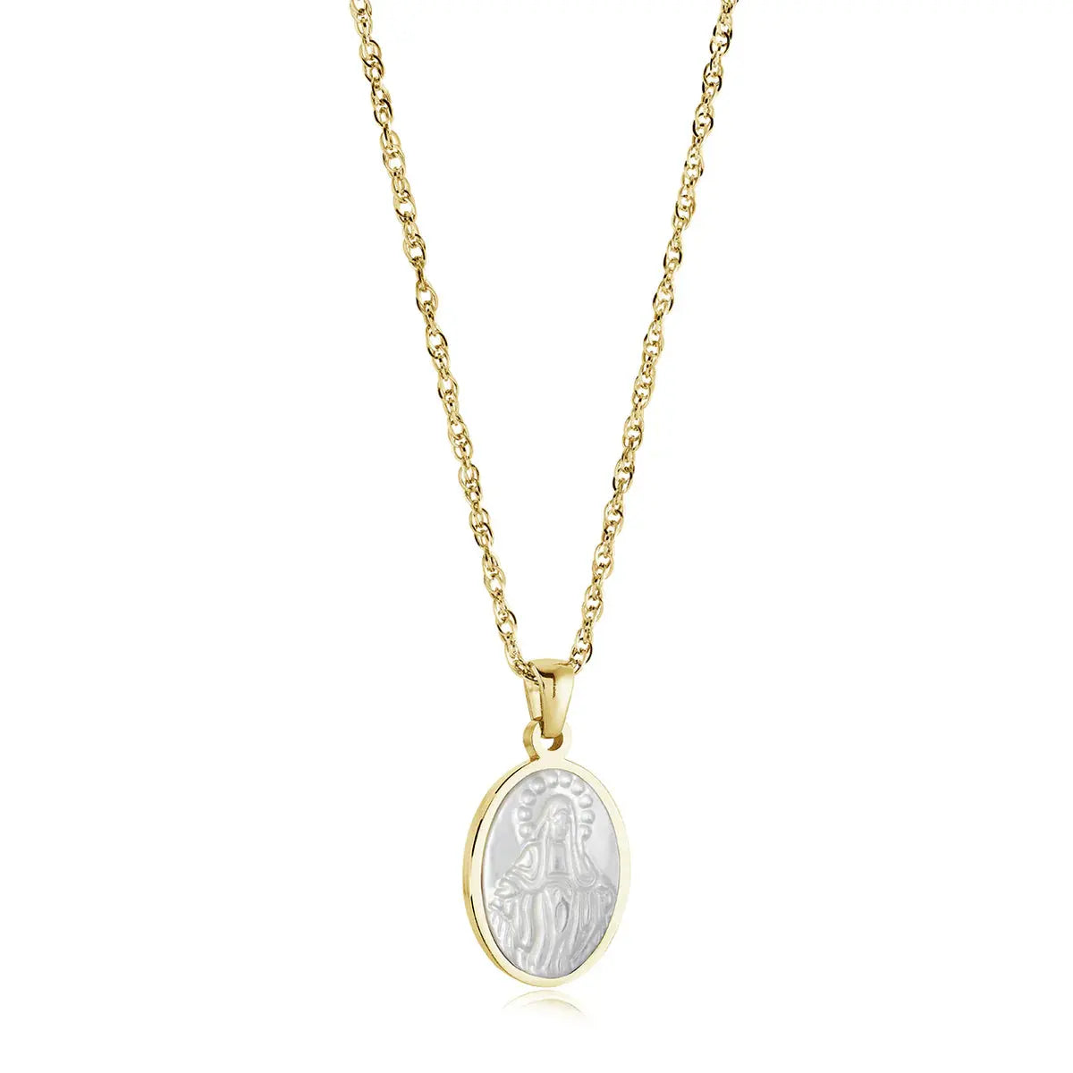 Virgin Mary Mother Of Pearl Necklace | 18” Stainless Steel 14K Gold or Silver Gospel Selections