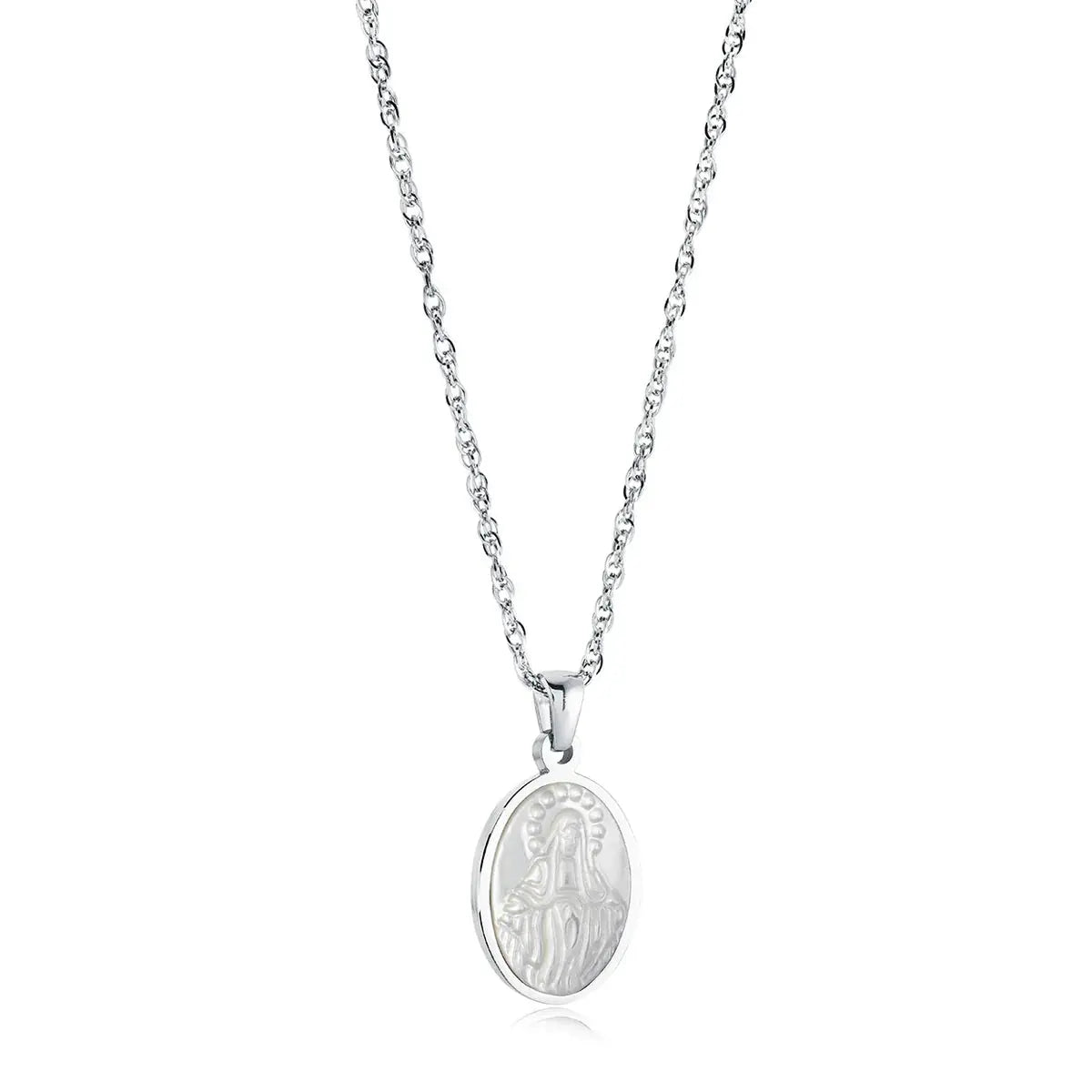 Virgin Mary Mother Of Pearl Necklace | 18” Stainless Steel 14K Gold or Silver Gospel Selections